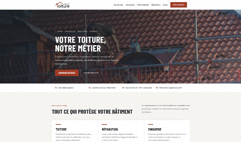 Page d'accueil du site Général Toiture : bandeau « Votre toiture, notre métier » et liste des services de couverture