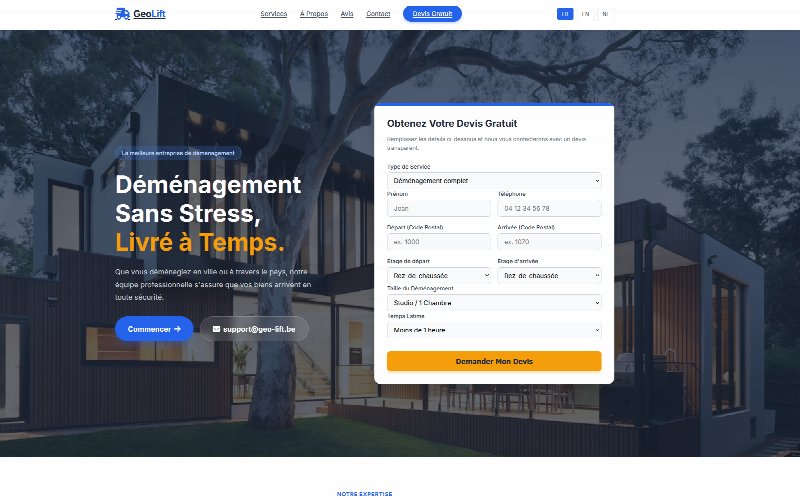 Page d'accueil du site GeoLift : bandeau « Déménagement sans stress, livré à temps » et formulaire de devis en ligne
