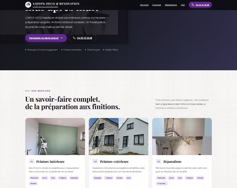 Page d'accueil du site Loidts-Deco & Rénovation : bandeau sombre et présentation des trois métiers de peinture